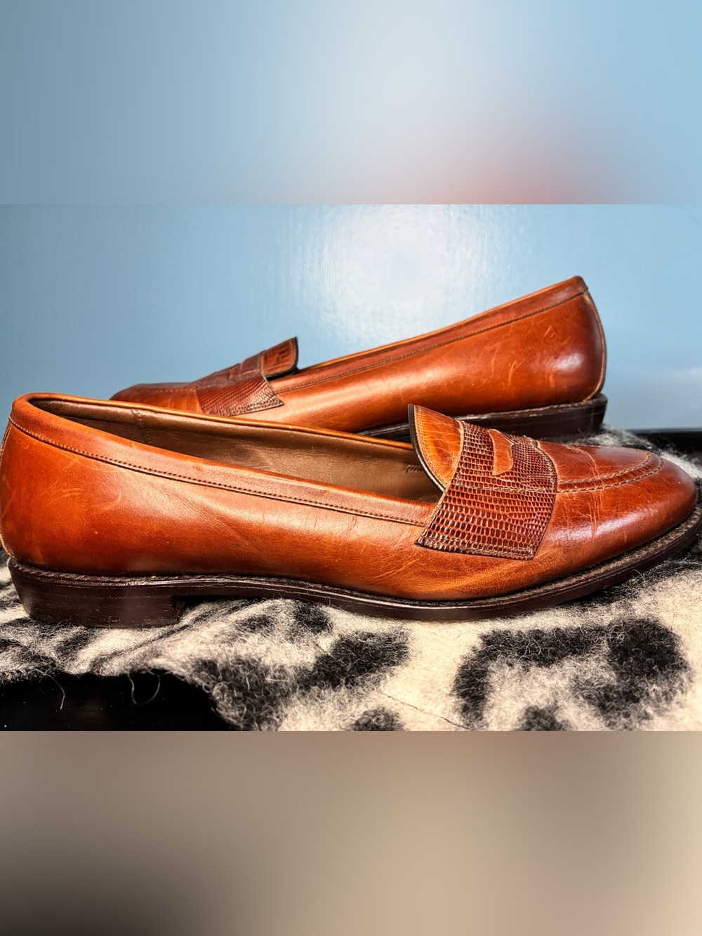 Allen Edmonds Vintage Cognac Leather Penny Loafers with Lizard skin accent